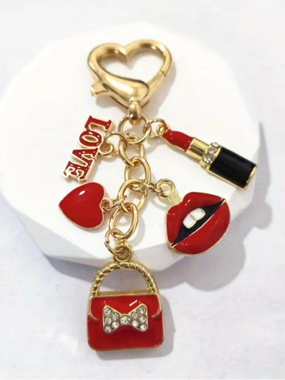 Cute Red Lipstick & Purse Charm Daniel Drop Keychain